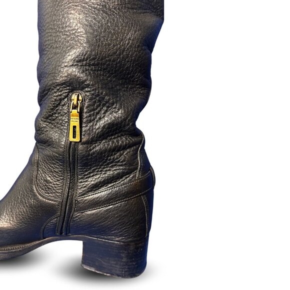Prada Black Leather Mid-Calf Riding Boots EU 40 / US 9.5 Gold Buckle Detail - Picture 4 of 10
